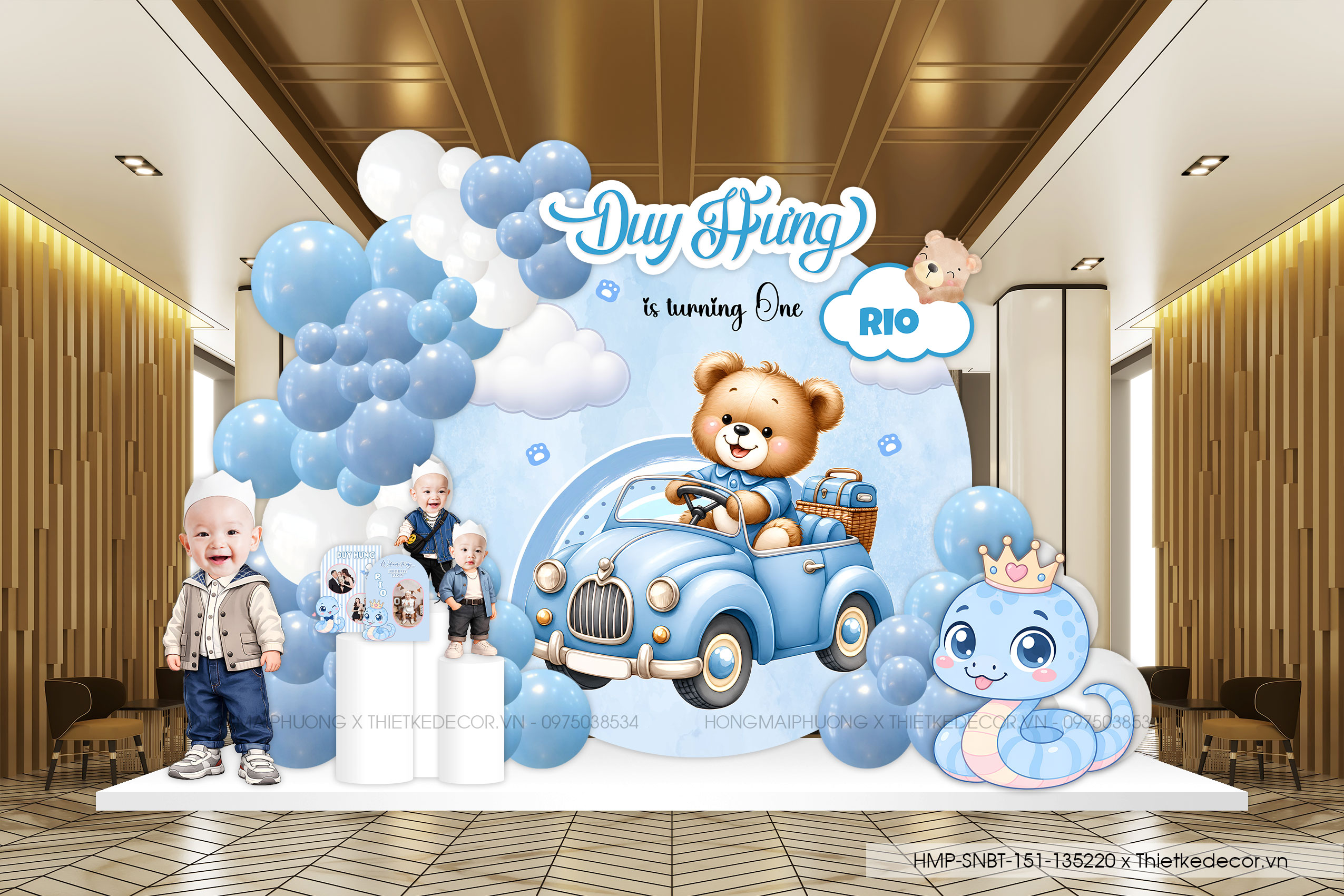 File thiết kế decor trang trí tiệc sinh nhật bé trai tuổi Rắn - Tỵ mix bong bóng cute dễ thương đáng yêu tone xanh dương